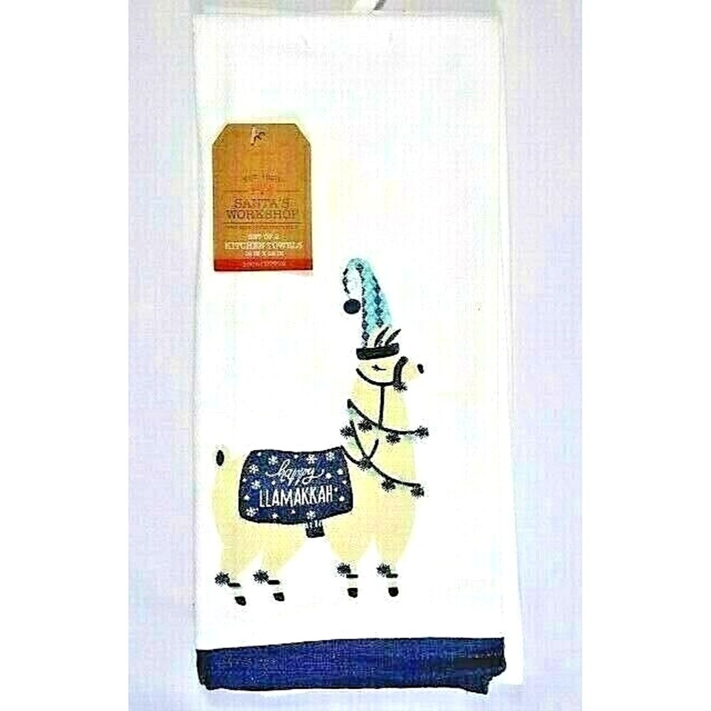 Happy Llamakkah Kitchen Towels Llama Blue Cream Cotton 2-pc Holiday Gift NEW